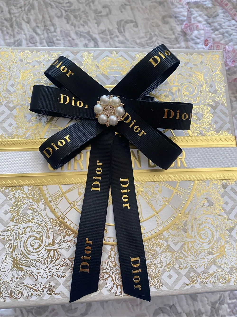 Handmade Dior Black Ribbon Hair Bow with Pearl Center